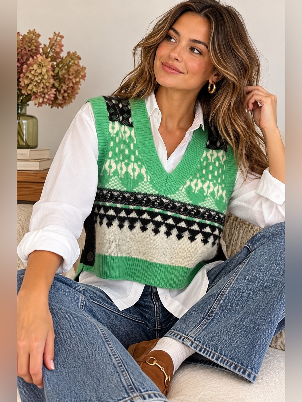 100% Cashmere Fair Isle Sweater Vest M Green Preppy Nordic Après Ski Cropped